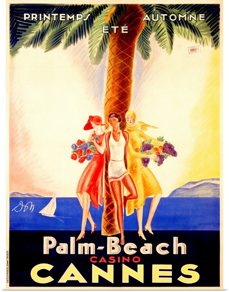 Old stylized travel poster for a casino in France with three women leaning against a palm tree and ocean water with a sail...