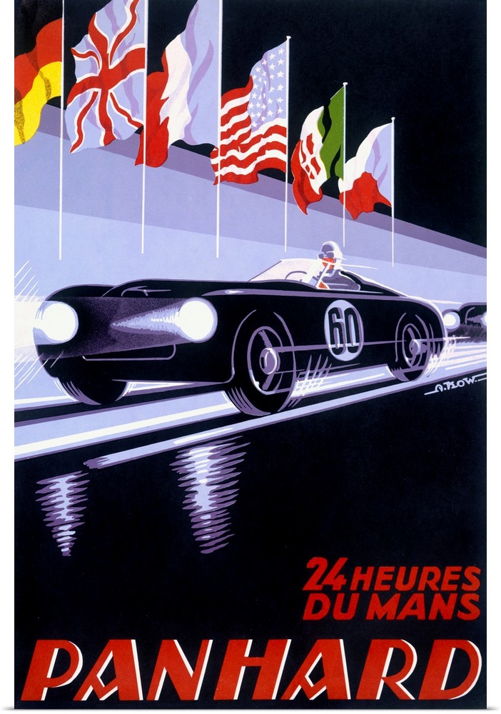 A vertical piece of artwork of a black car racing with flags above it and red text below with the word "Panhard".