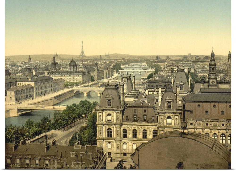 Hand colored photograph of panorama of the seven bridges, Paris, France.