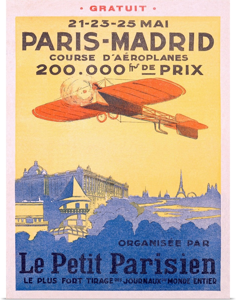 Advertising artwork for an airplane race from France to Spain. The poster shows a propeller plane flying over the Eiffel t...