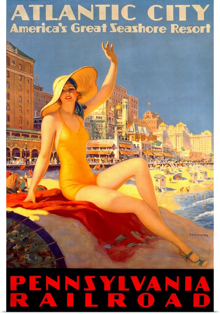 Antique poster advertising beach resort.  A woman in a swimsuit and hat sits on a rock waving with shoreline filled with b...