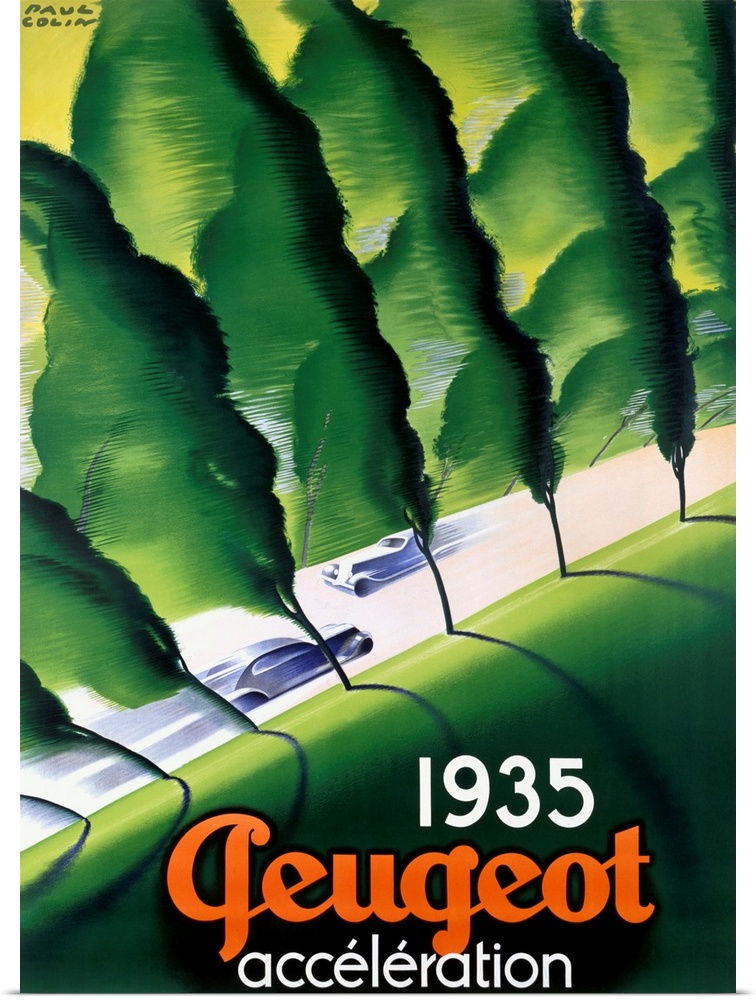 A vintage poster with an aerial view of two cars zooming past each other on a road that is lined with tall trees.