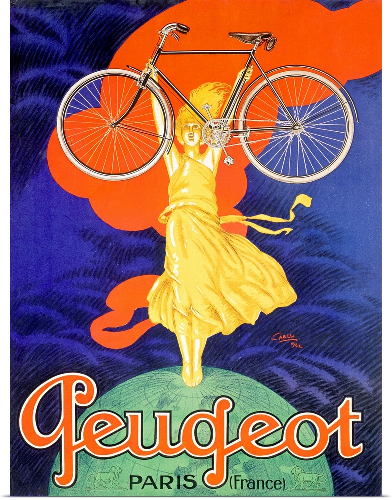 Large antique art portrays an advertisement for a French bike company that features a woman standing on top of the Earth w...