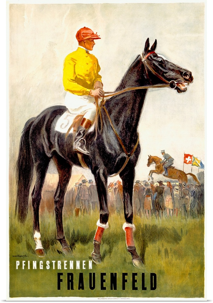 Vintage poster of a jockey sitting on its horse while another jockey is competing with his horse behind him in front of a ...