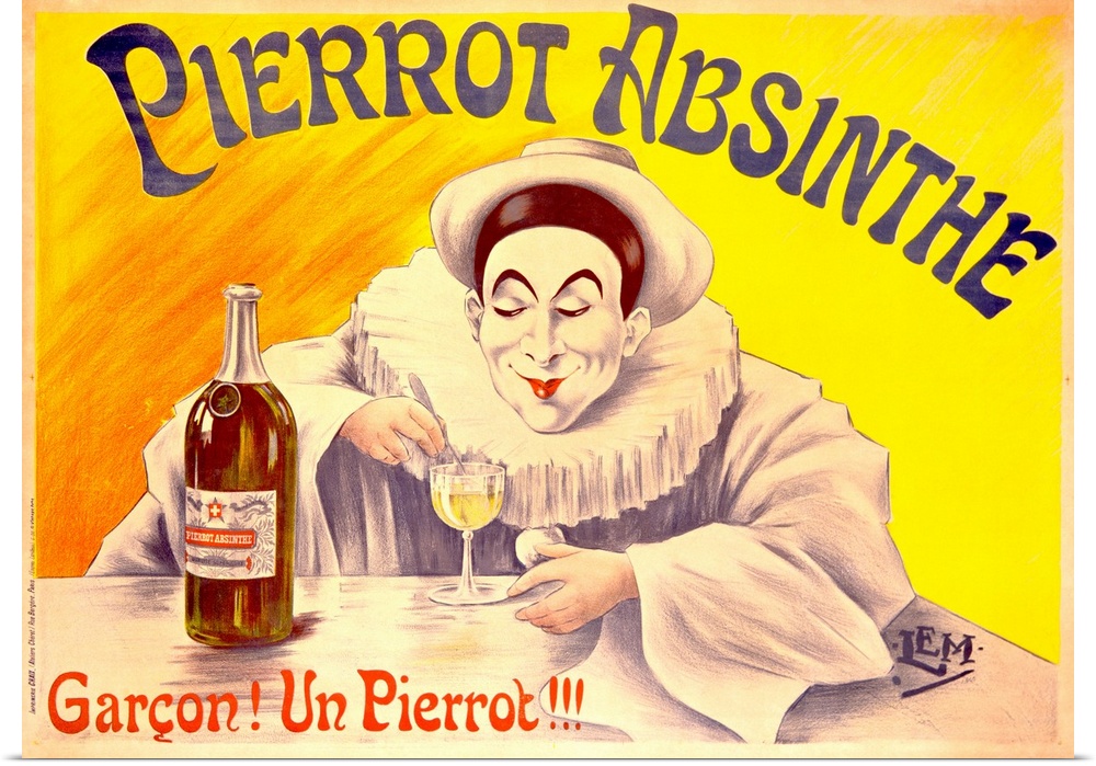 Advertising poster for an alcoholic beverage, featuring a French clown in heavy white makeup and a frilled collar, which i...