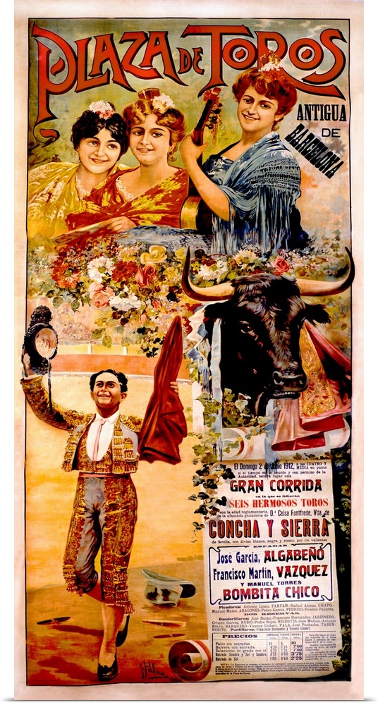 Old poster advertising a bull fight.  Collage of images including a group of ladies, a garden of flowers, a bull and bull ...