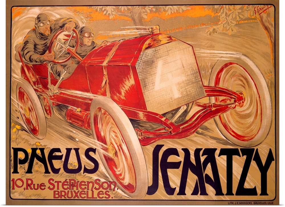 Old poster advertising face.  There is a vintage car with two races speeding down a trail with the text "10, Rue Stephenso...