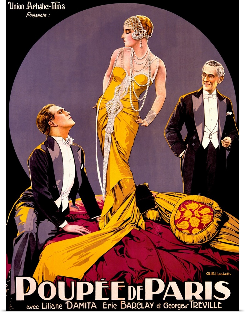 A large vertical vintage poster with two men in tuxedos staring at a tall woman in the center wearing a yellow ball gown a...