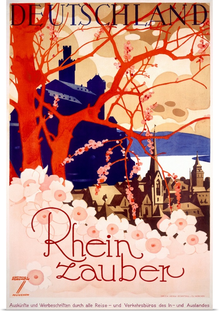 Travel advertisement for Germany's river valley, done in a screen-printed style with an orange tree, a castle, and a histo...