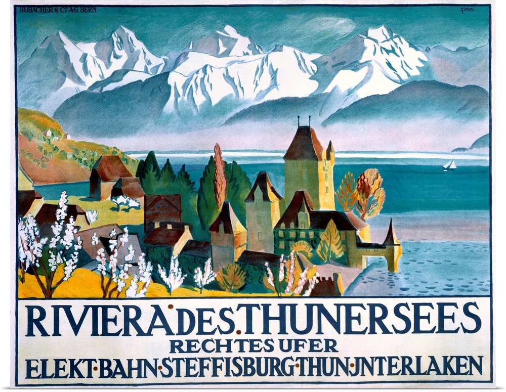 Vintage poster of a small town that sits on the water. Snow topped mountains are drawn in the background.