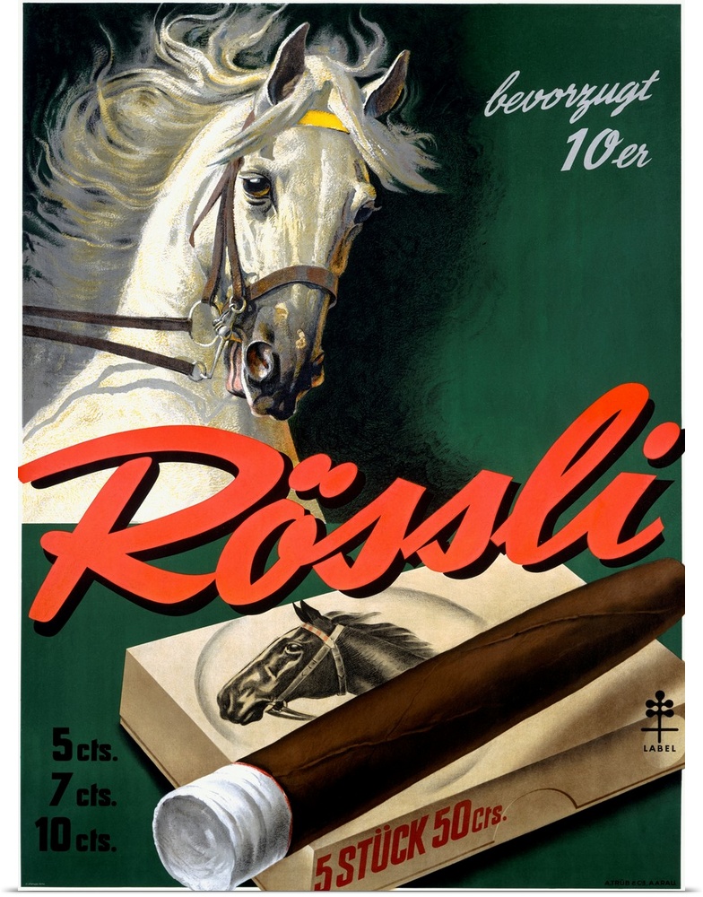 Vintage advertisement for Rossli Cigars featuring a large white horse.