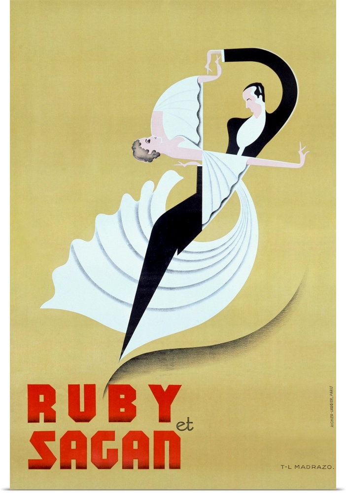An Art Deco style entertainment advertisement of a couple dancing in formal evening wear and blocky text in the bottom left.