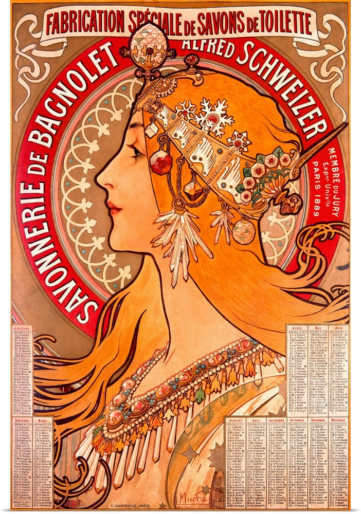 Large, vertical vintage art poster with French text, of the profile of a woman with long golden hair, wearing a very detai...