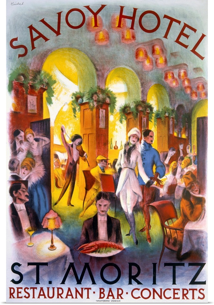 Oversized, vertical vintage advertising poster for the Savoy Hotel in St. Moritz. Many seated patrons in a restaurant sett...