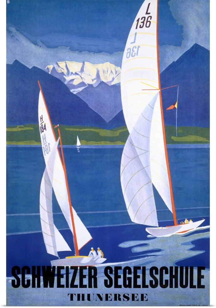 Tall wall art of two sailboats sailing from left to right with layered mountains in the distance and text on the bottom.