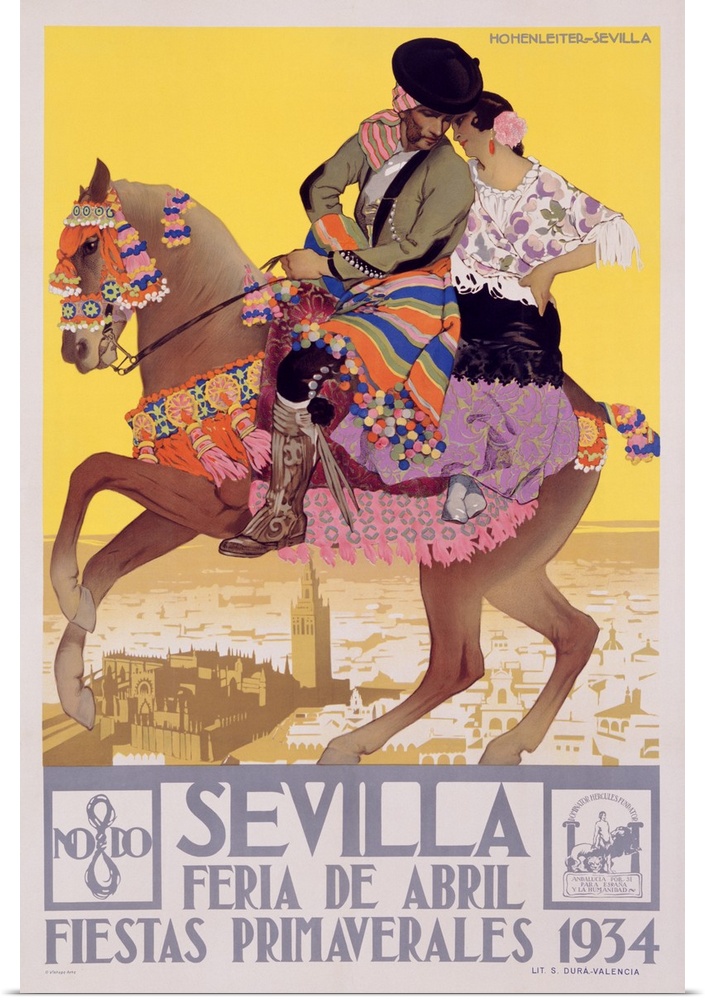 Classic 1930's poster of a man and woman riding on a decorated horse with a city in the background.