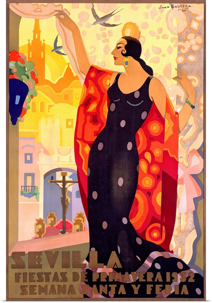Vintage poster of a tall Spanish woman wearing a polka dot gown as she lifts a curtain to look out toward the town in Sevi...