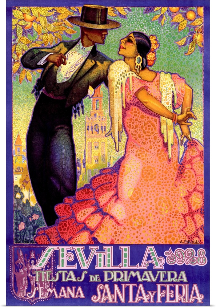 A vintage vertical print of a man and woman dancing with orange trees hanging over them.