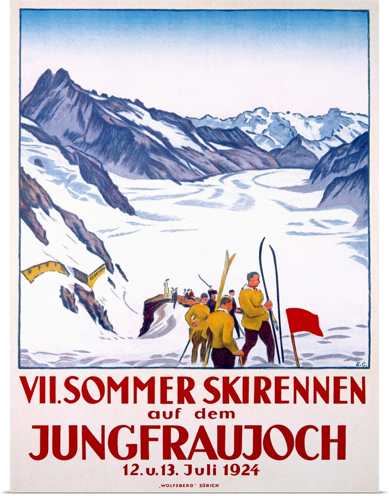 Vintage poster of snow covered ground and mountains with a group of skiers in the foreground of the drawing.