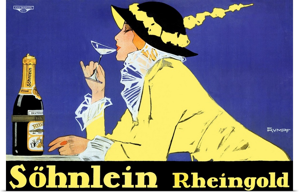 Large vintage artwork for an office or living room of a beautiful, well-dressed woman casually sipping a glass of Sohnlein...