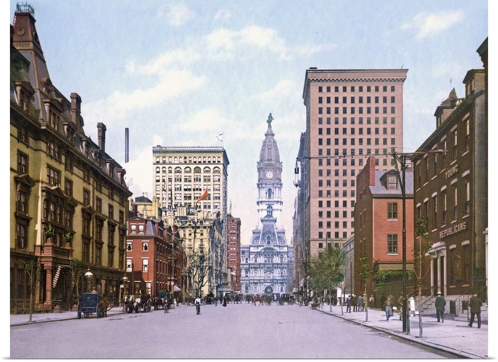 Giant, landscape, vintage photograph looking down South Broad Street in Philadelphia, a row of buildings on each side, lea...