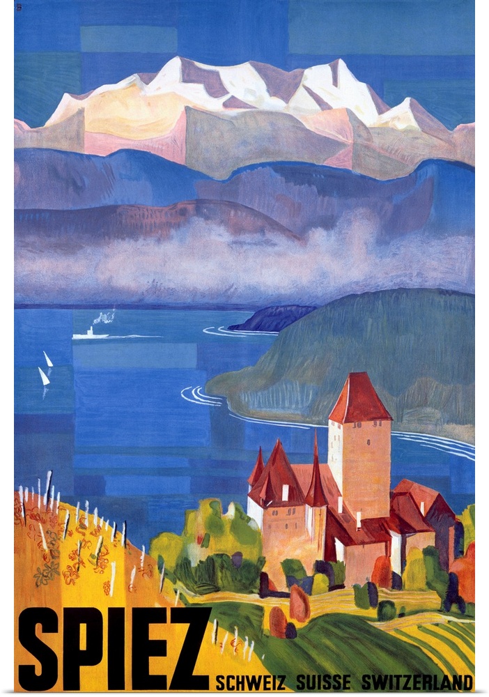 Vintage artwork of a castle that sits on a body of water looking out onto immense hills and mountains in the distance.