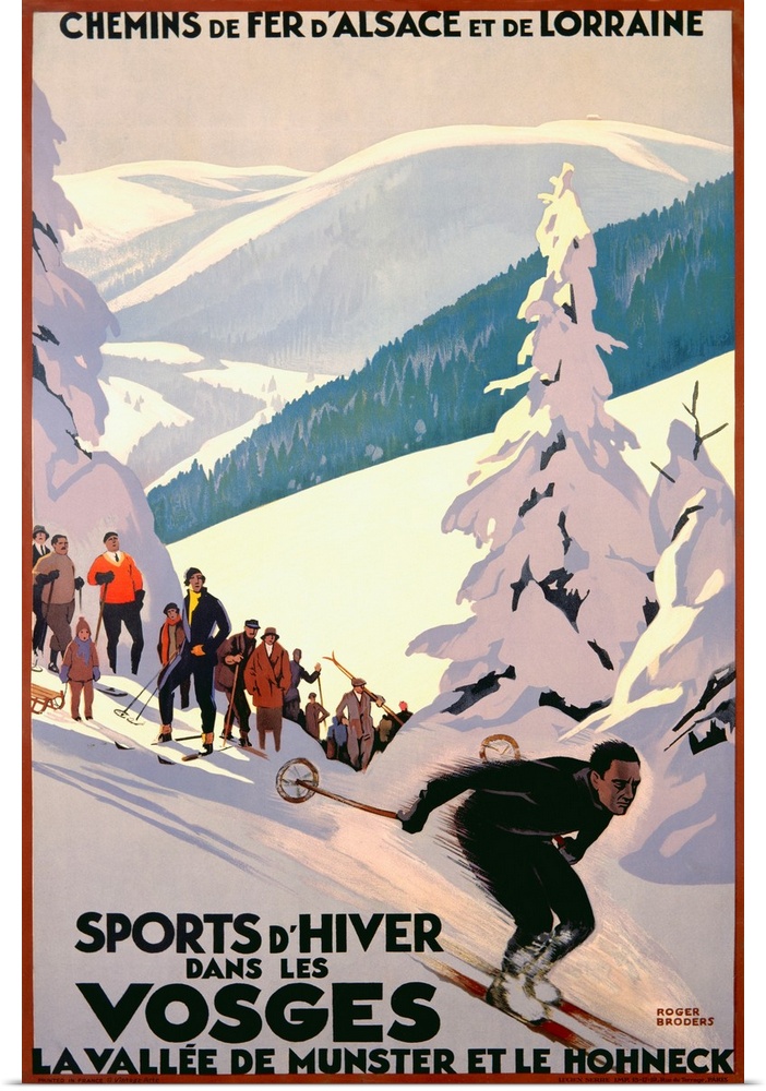 Large antiqued poster of a man skiing down a hill with spectators and rolling hills in the background.