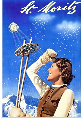 St. Moritz, Ski Woman, Vintage Poster
