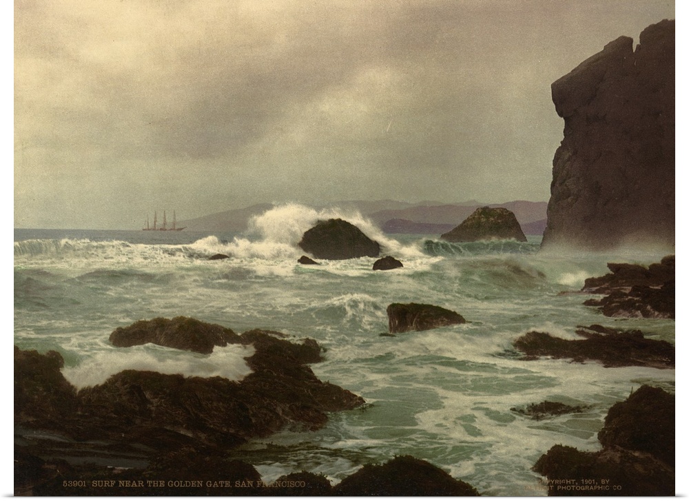 Hand colored photograph of surf near the golden gate, San Francisco.