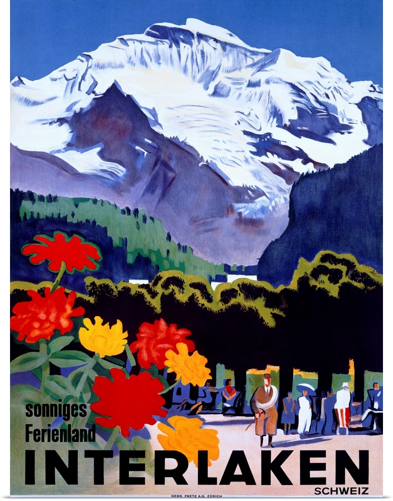 Travel advertisement for Switzerland featuring flowers people strolling under the snowy peak of the Jungfrau mountain.