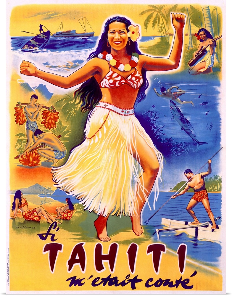 Old print advertising a French Polynesian island.  There is a hula girl in the center surrounded by smaller images of peop...