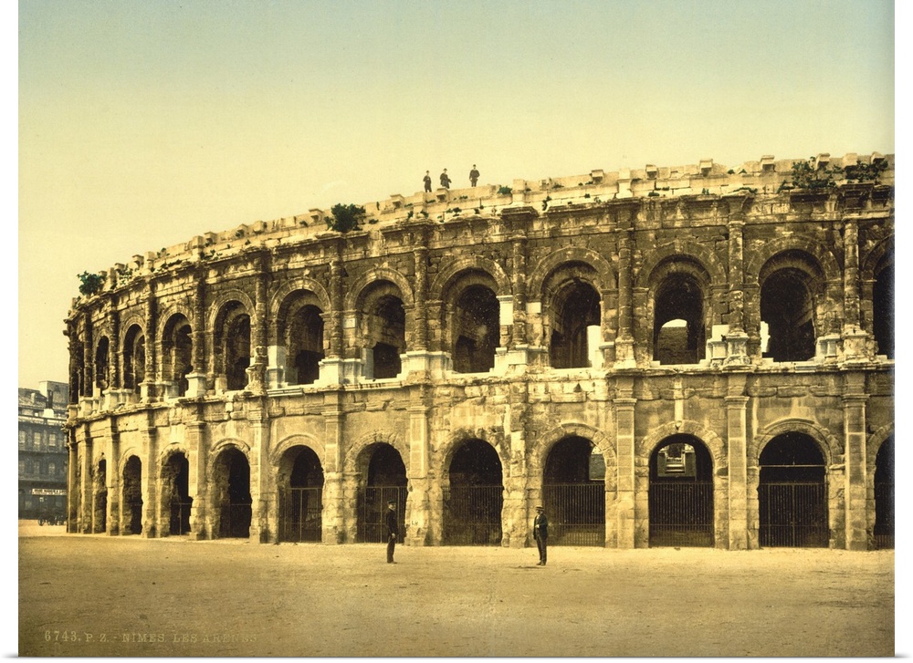 Hand colored photograph of the arena, Nimes, France.