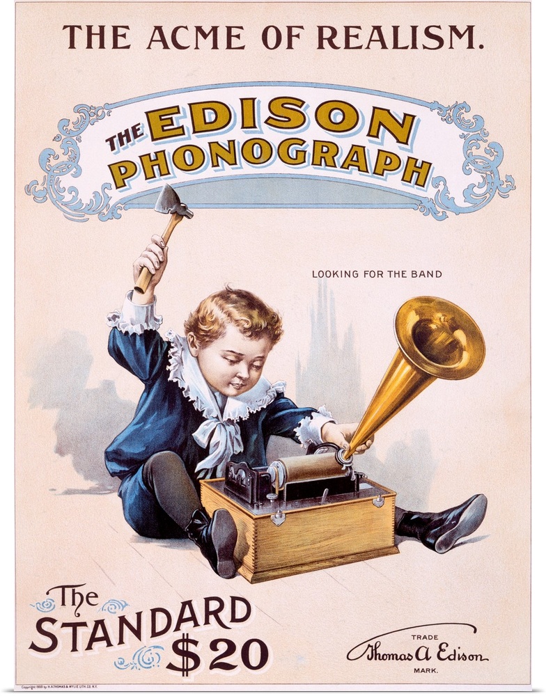 Vintage poster showing a small boy playing with the Edison phonograph.