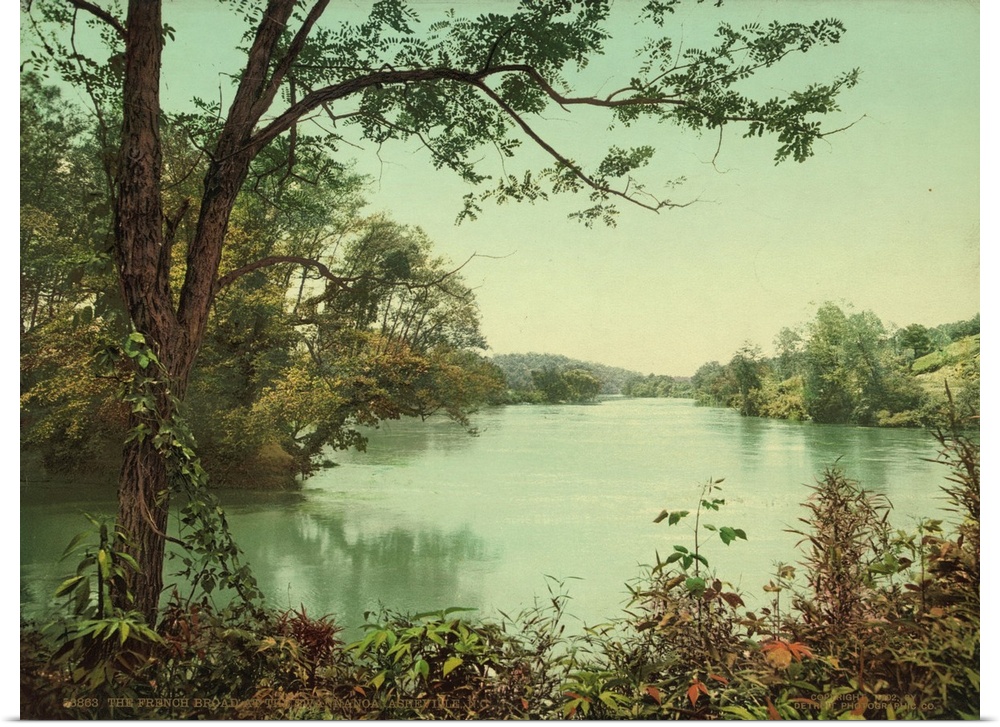 Hand colored photograph of the French broad at the Swannanoa, Asheville, North Carolina.