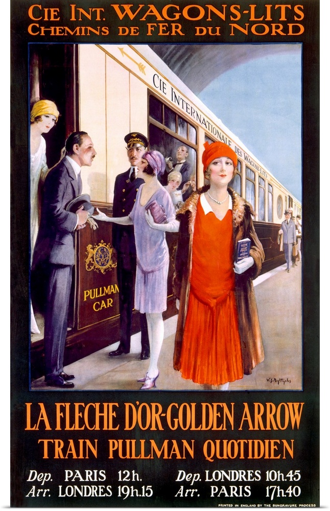 Vintage poster of elegantly dressed people boarding and coming off of a passenger train.