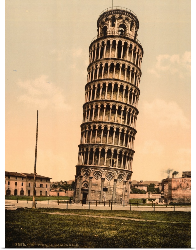 Hand colored photograph of the leaning tower, Pisa, Italy.
