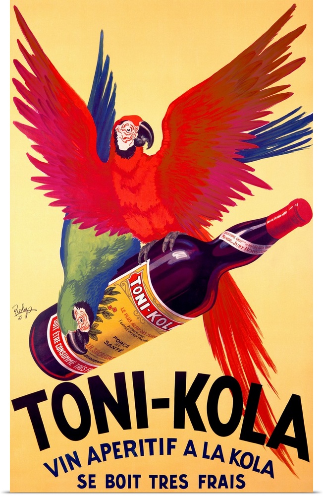 Big advertising art shows a couple parrots holding on to the bottle of a beverage against an empty background.  Text for t...