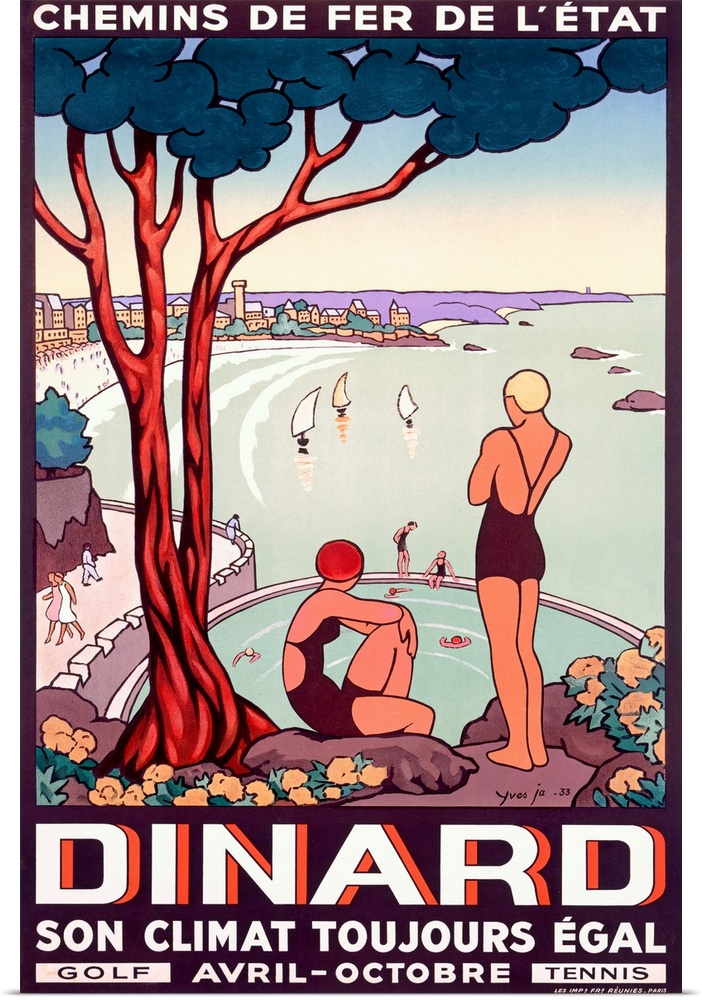 Portrait vintage advertisement for the French State Railway, destination is Dinard.  Two people in bathing suits rest bene...