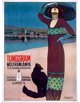 Tungsram Light Bulb, Woman and Cat, Vintage Poster, Vintage Poster, by Geza Farago