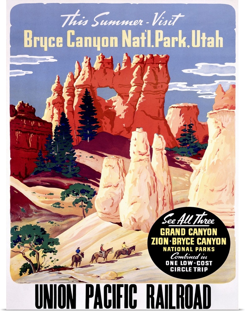 Vintage American Travel Poster, Bryce Canyon National Park Utah, Union Pacific Railroad