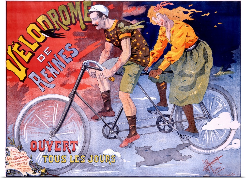 Old poster print of couple riding on tandem bike down dark street at night.