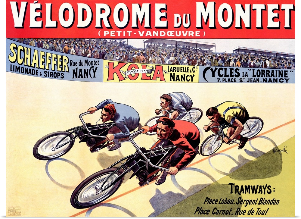 Old advertising poster with cyclists on vintage bikes circling a raceway lined with stands full of people.