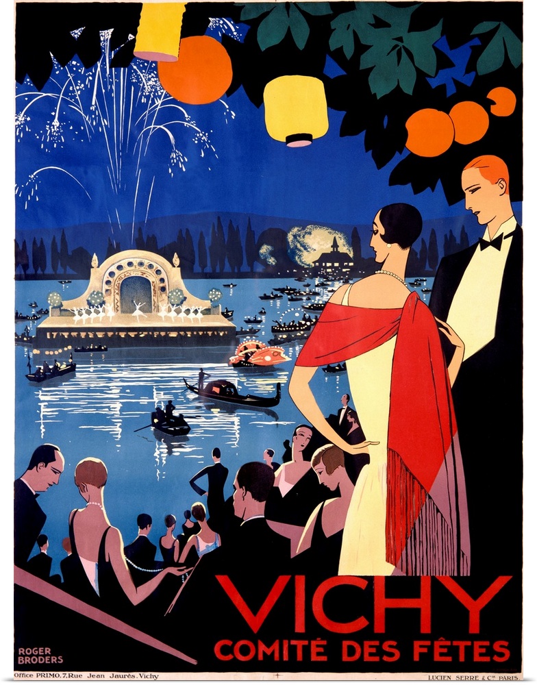 Vertical, big vintage poster of an evening stage performance on water, with fireworks and surrounded by boats.  A large cr...