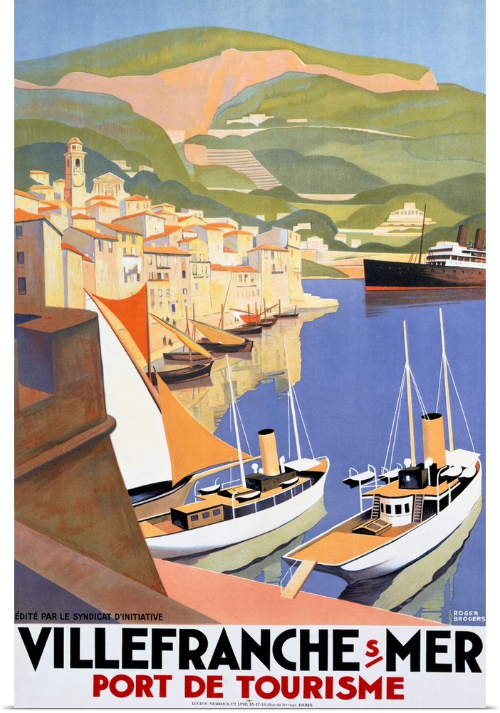 Large vertical vintage poster showing ships in the water at a port city and large green hills in the background.