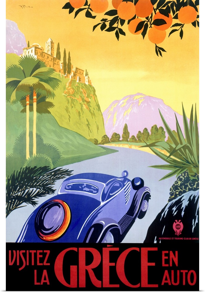 Big antique advertising art for traveling through a country in Europe by car.  The car in the foreground journeys down a w...
