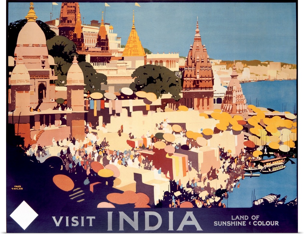 Travel advertisement for India, the Land of Sunshine and Color, featuring the city of Varanasi.