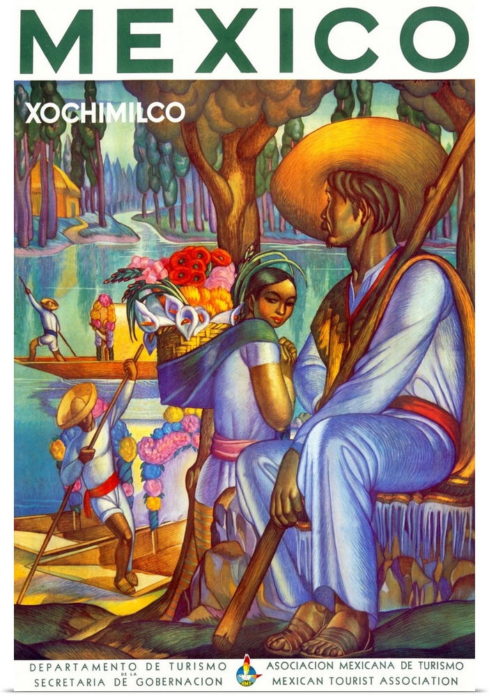 Vintage Mexican tourist poster  with several men pushing boats through the water with long poles and woman carrying flowers.