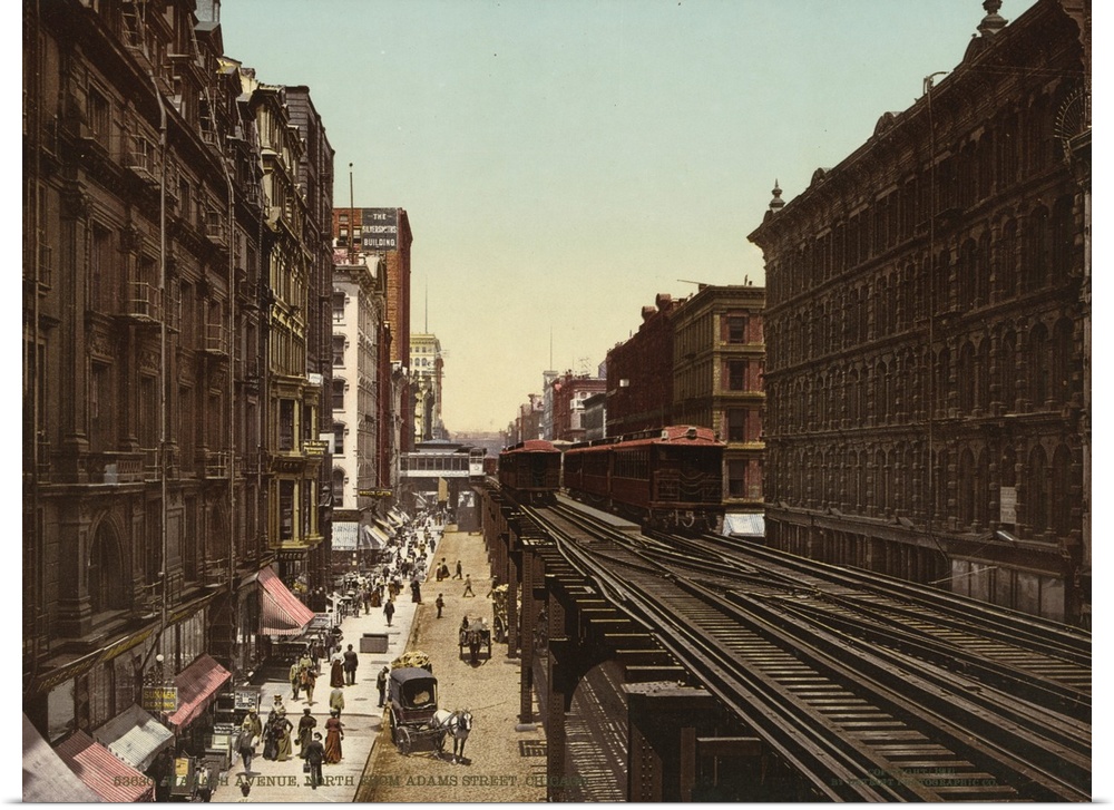 Hand colored photograph of Wabash Avenue north from Adams Street, Chicago.
