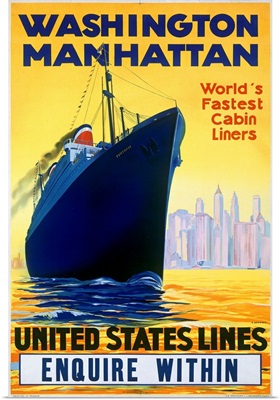 Washington Manhattan, Worlds Fastest Cabin Liners, Vintage Poster