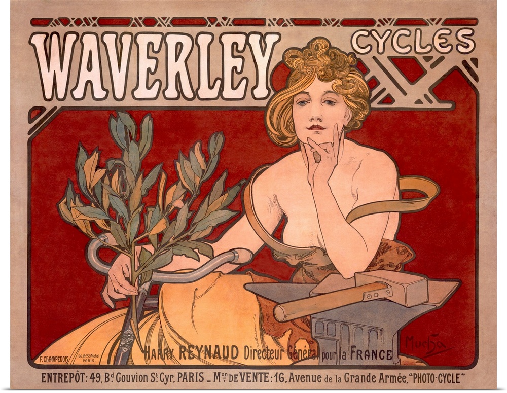 Wall art of an antiqued painting on an advertisement of a woman sitting on a bike holding a plant and leaning with her oth...